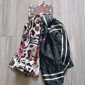 Ed Hardy Black & Cream Satin Scarf Set with Pink and Green Accents